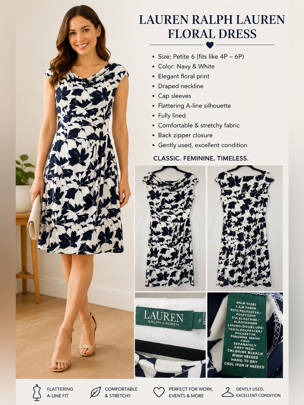 Lauren Ralph Lauren Navy & White Floral A-Line Dress